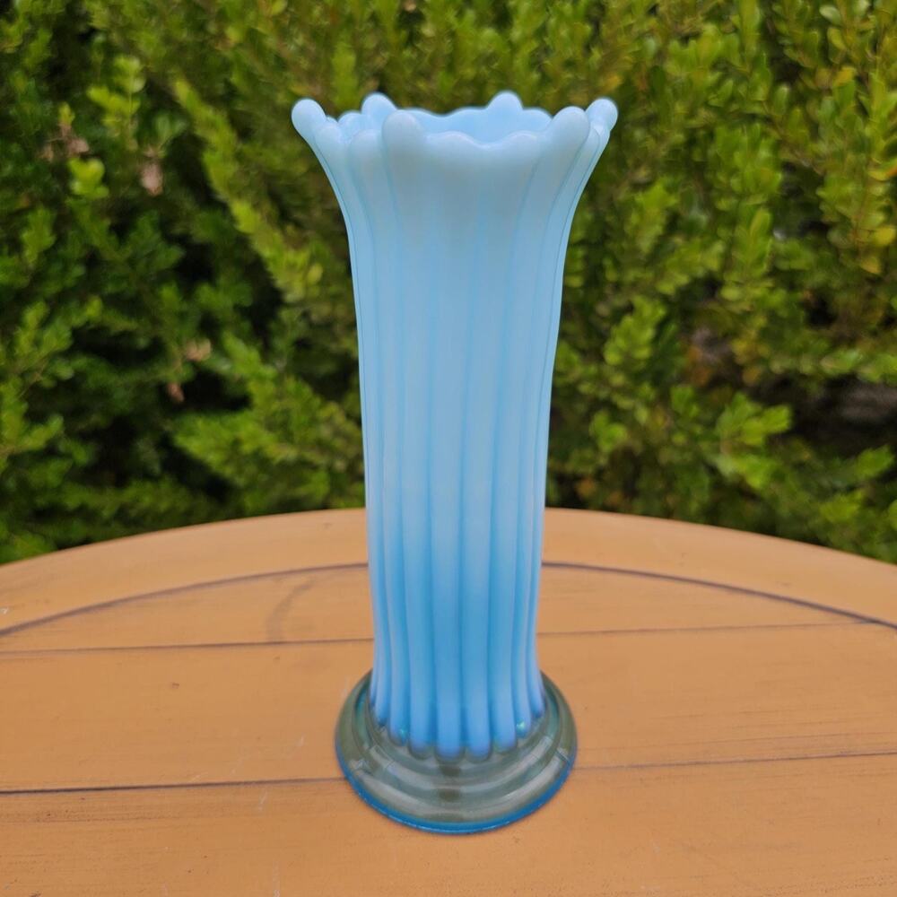 Antique National Glass Company "Many Ribs" Blue Opalescent Swung Vase